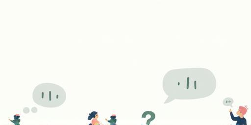 Illustration with question marks, audio symbols, and people thinking